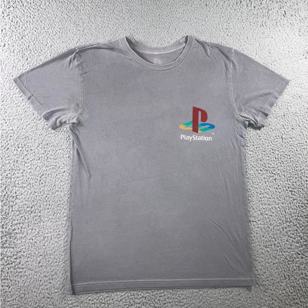 PlayStation Graphic Tee Mens Small Gray Distressed Logo Controller Symbols Shirt